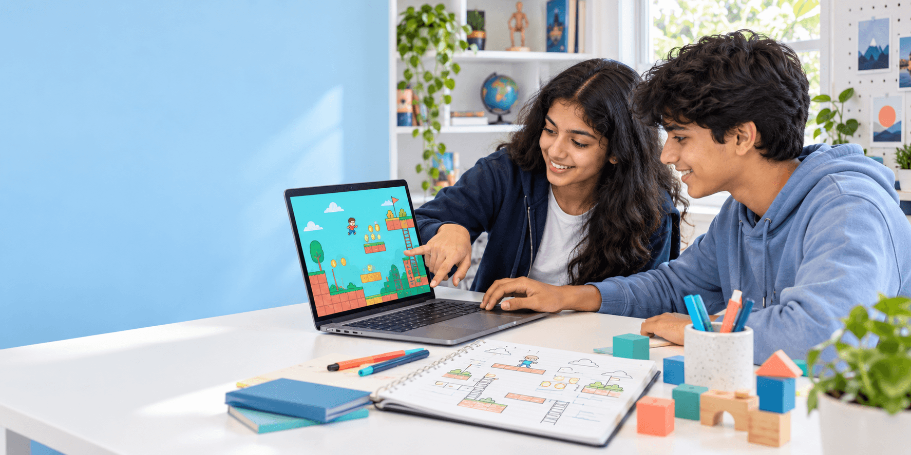 Illustrative scene of two learners designing a game together